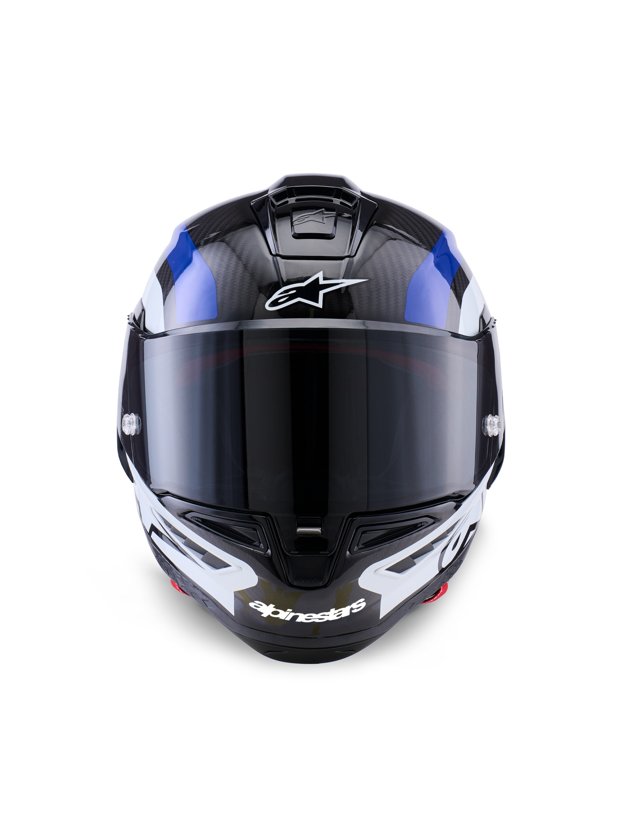 Alpinestars Supertech R10 Arius Helmet, Full-Face Racing Helmet, Black White and Blue Glossy, front view with dark smoke visor, featuring visible carbon fiber texture on the top shell, white Alpinestars logo branding on forehead and chin, sleek aerodynamic design for professional racing