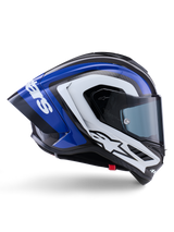 Alpinestars Supertech R10 Arius Helmet, full-face racing helmet, Black White and Blue Glossy finish, aerodynamic side view showing carbon fiber shell and large rear spoiler with Alpinestars logo, professional motorcycle protective gear