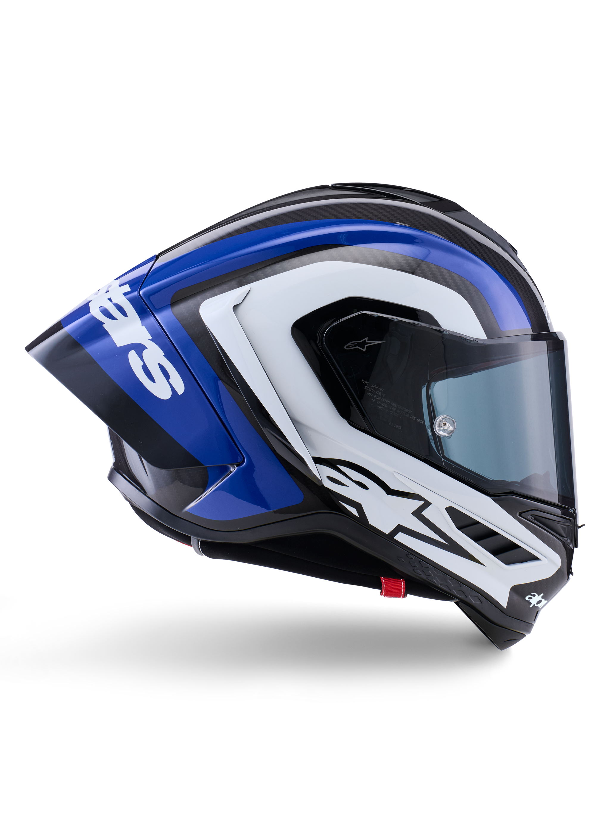Alpinestars Supertech R10 Arius Helmet, full-face racing helmet, Black White and Blue Glossy finish, aerodynamic side view showing carbon fiber shell and large rear spoiler with Alpinestars logo, professional motorcycle protective gear