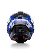 Alpinestars Supertech R10 Arius Helmet, Rear View, Black White and Blue Glossy, carbon fiber construction with bold white branding, aerodynamic shape, DOT certified label, red interior padding