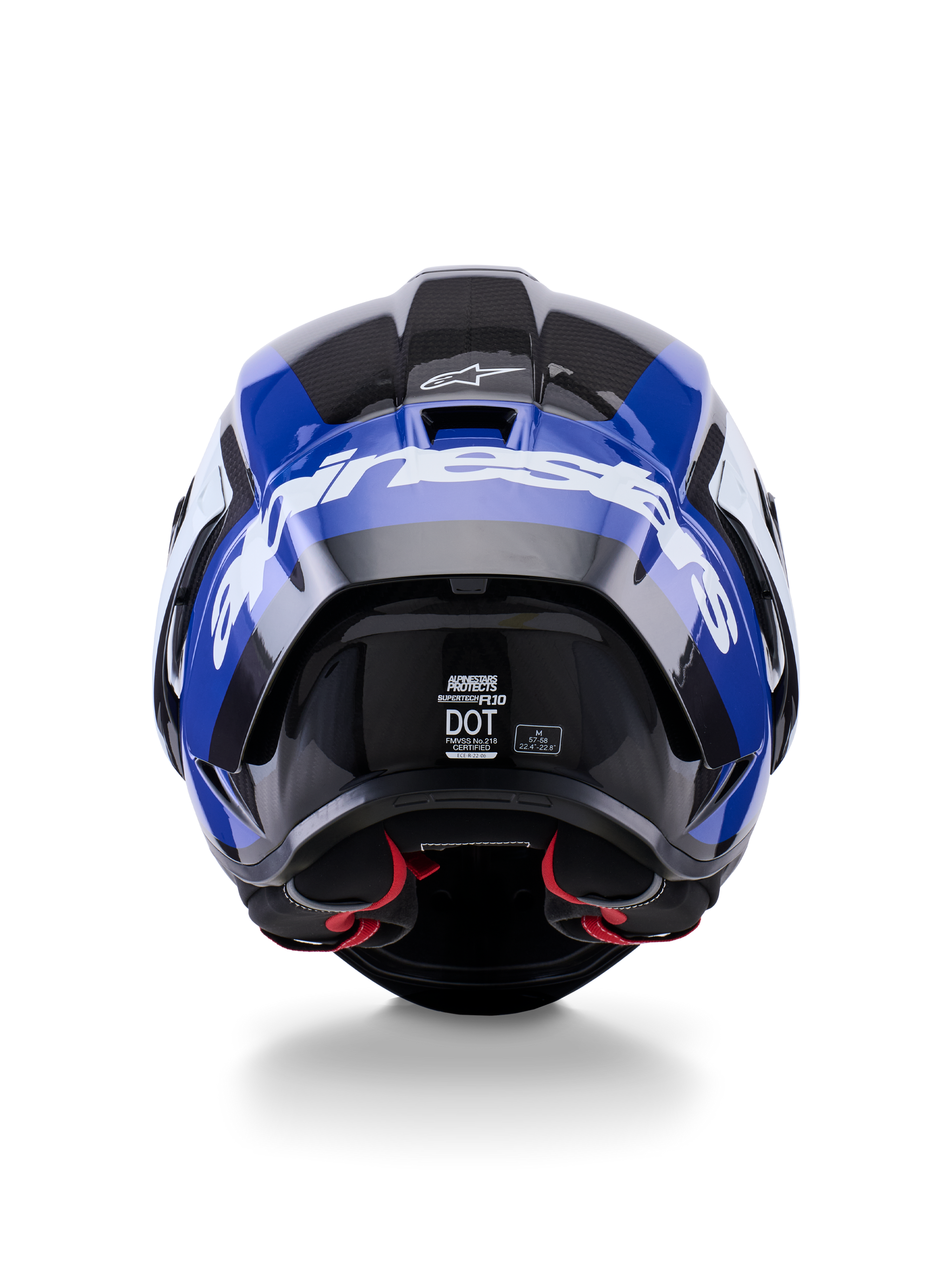 Alpinestars Supertech R10 Arius Helmet, Rear View, Black White and Blue Glossy, carbon fiber construction with bold white branding, aerodynamic shape, DOT certified label, red interior padding