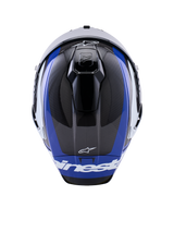 Alpinestars Supertech R10 Arius Helmet, Full-Face Motorcycle Racing Helmet, Glossy Black White and Blue, top view highlighting carbon fiber weave, aerodynamic vents, and white Alpinestars branding
