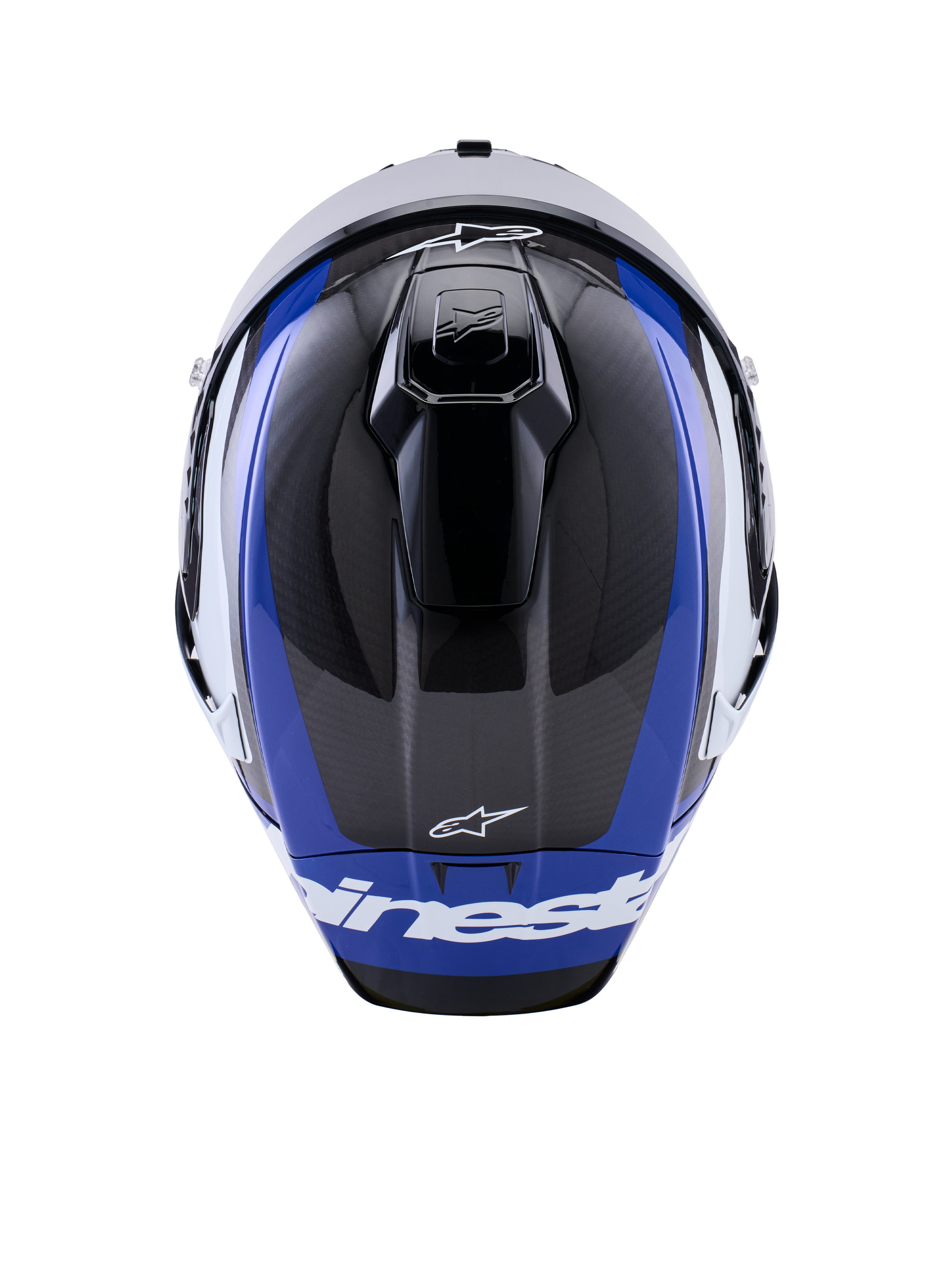 Alpinestars Supertech R10 Arius Helmet, Full-Face Motorcycle Racing Helmet, Glossy Black White and Blue, top view highlighting carbon fiber weave, aerodynamic vents, and white Alpinestars branding