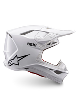 Alpinestars Supertech M10 Solid Helmet ECE 22.06, white glossy motocross helmet with black logo, peak visor and ventilated full-face design, side view