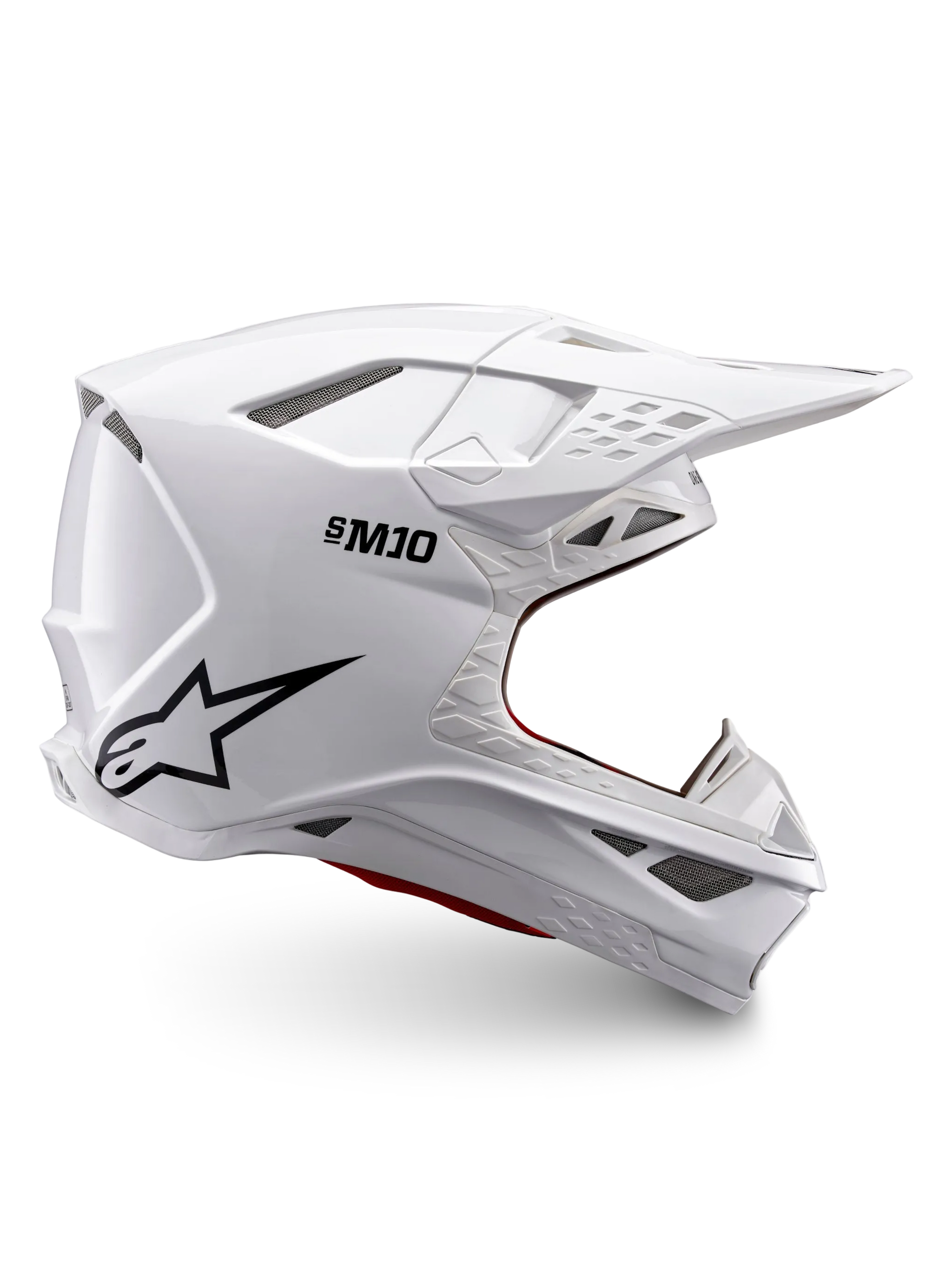Alpinestars Supertech M10 Solid Helmet ECE 22.06, white glossy motocross helmet with black logo, peak visor and ventilated full-face design, side view