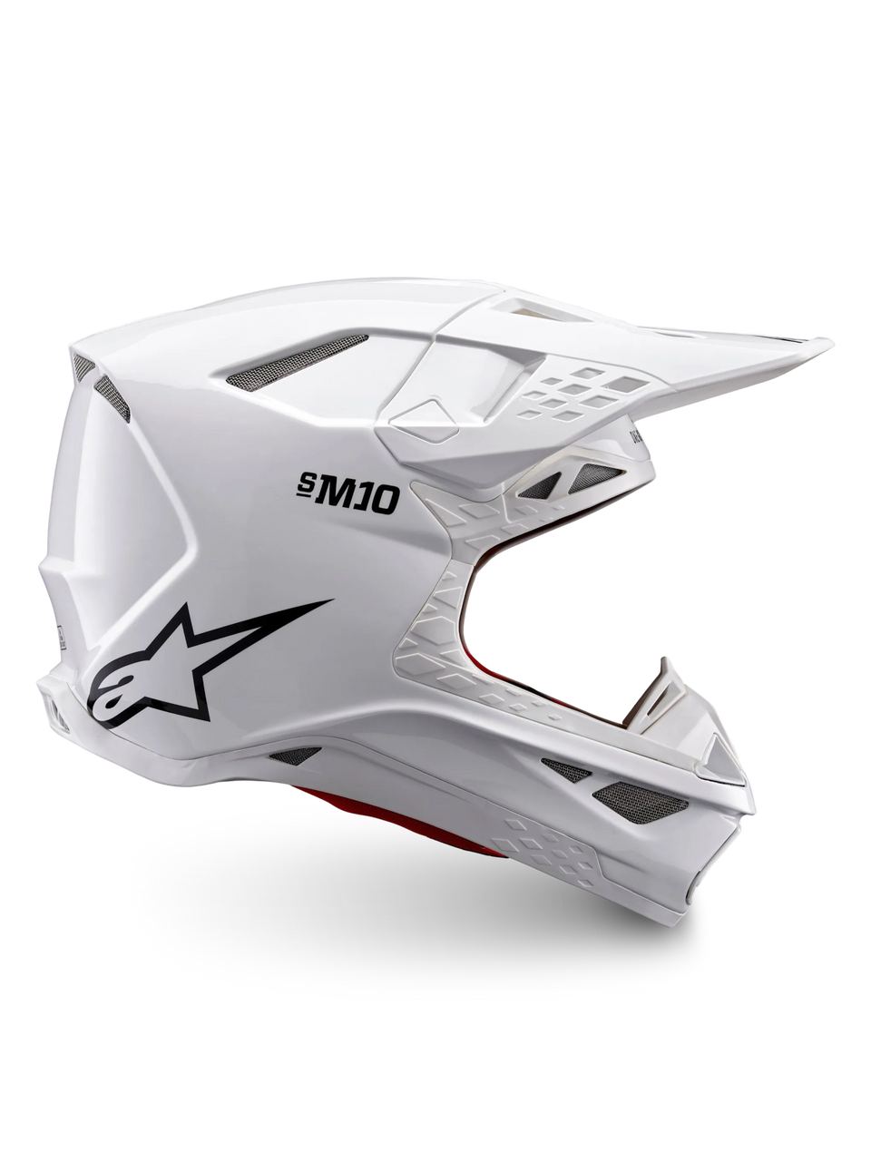 Alpinestars Supertech M10 Solid Helmet ECE 22.06, white glossy motocross helmet with black logo, peak visor and ventilated full-face design, side view