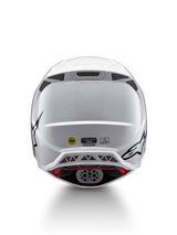 Alpinestars Supertech M10 Solid Helmet ECE 22.06, white glossy motocross helmet shown from the rear with black graphics, ventilation ports, MIPS and ECE certification label