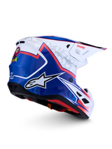 Alpinestars S-M7 Blaster Helmet, glossy Blue and White motocross helmet with red accents and aerodynamic shell.