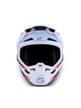 Alpinestars S-M7 Blaster Helmet ECE06, white, blue, and red glossy motocross helmet with a lightweight composite shell.