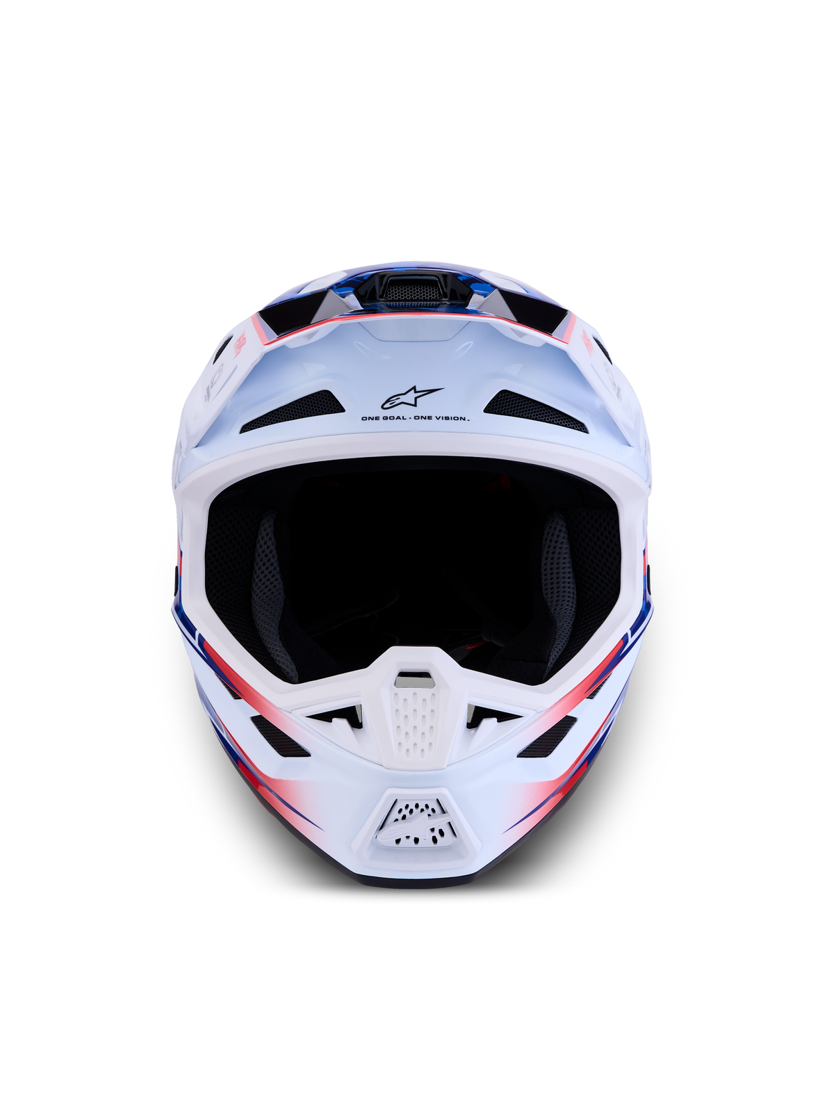 Alpinestars S-M7 Blaster Helmet ECE06, white, blue, and red glossy motocross helmet with a lightweight composite shell.