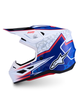 Alpinestars S-M7 Blaster Helmet ECE06, Motocross Helmet in white and blue glossy finish with red accents, ECE 22.06 certified.