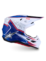 Alpinestars S-M7 Blaster Motocross Helmet, glossy White, Blue, and Red composite shell with ECE 22.06 certification.