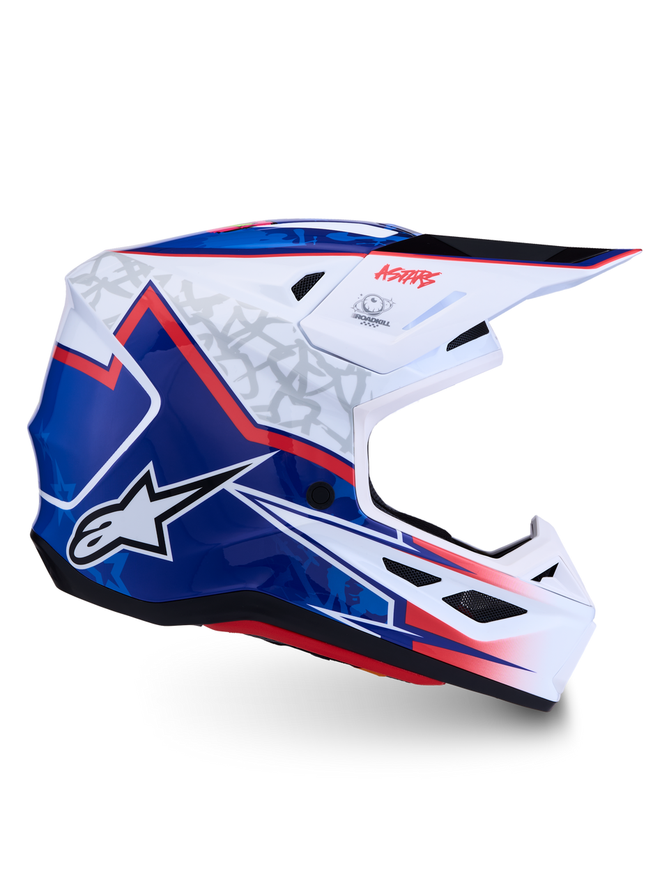 Alpinestars S-M7 Blaster Motocross Helmet, glossy White, Blue, and Red composite shell with ECE 22.06 certification.