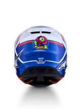 Alpinestars S-M7 Blaster Helmet ECE06, blue and white motocross helmet, rear view with rose graphic and ECE certification.