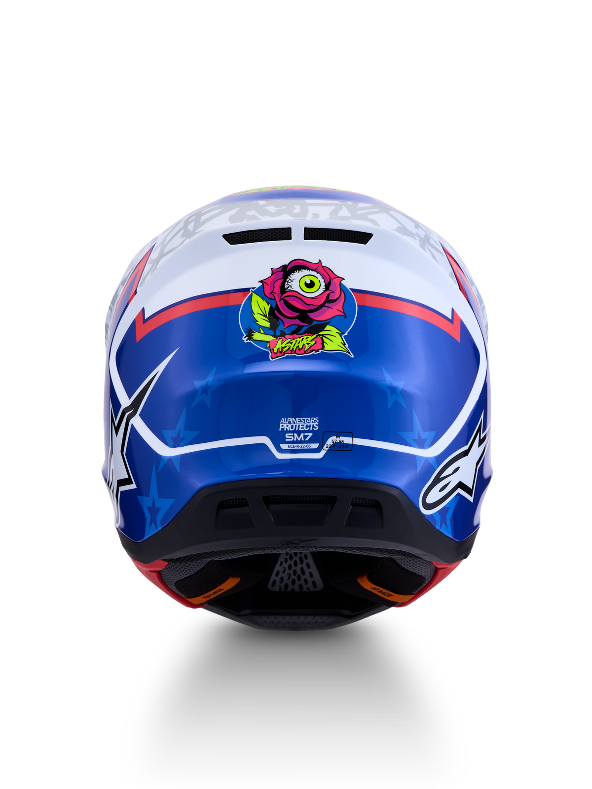 Alpinestars S-M7 Blaster Helmet ECE06, blue and white motocross helmet, rear view with rose graphic and ECE certification.