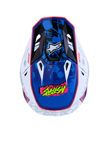 Alpinestars S-M7 Blaster Helmet, Motocross Helmet, White and Blue, ECE 22.06 certified, glossy paint splatter graphics.