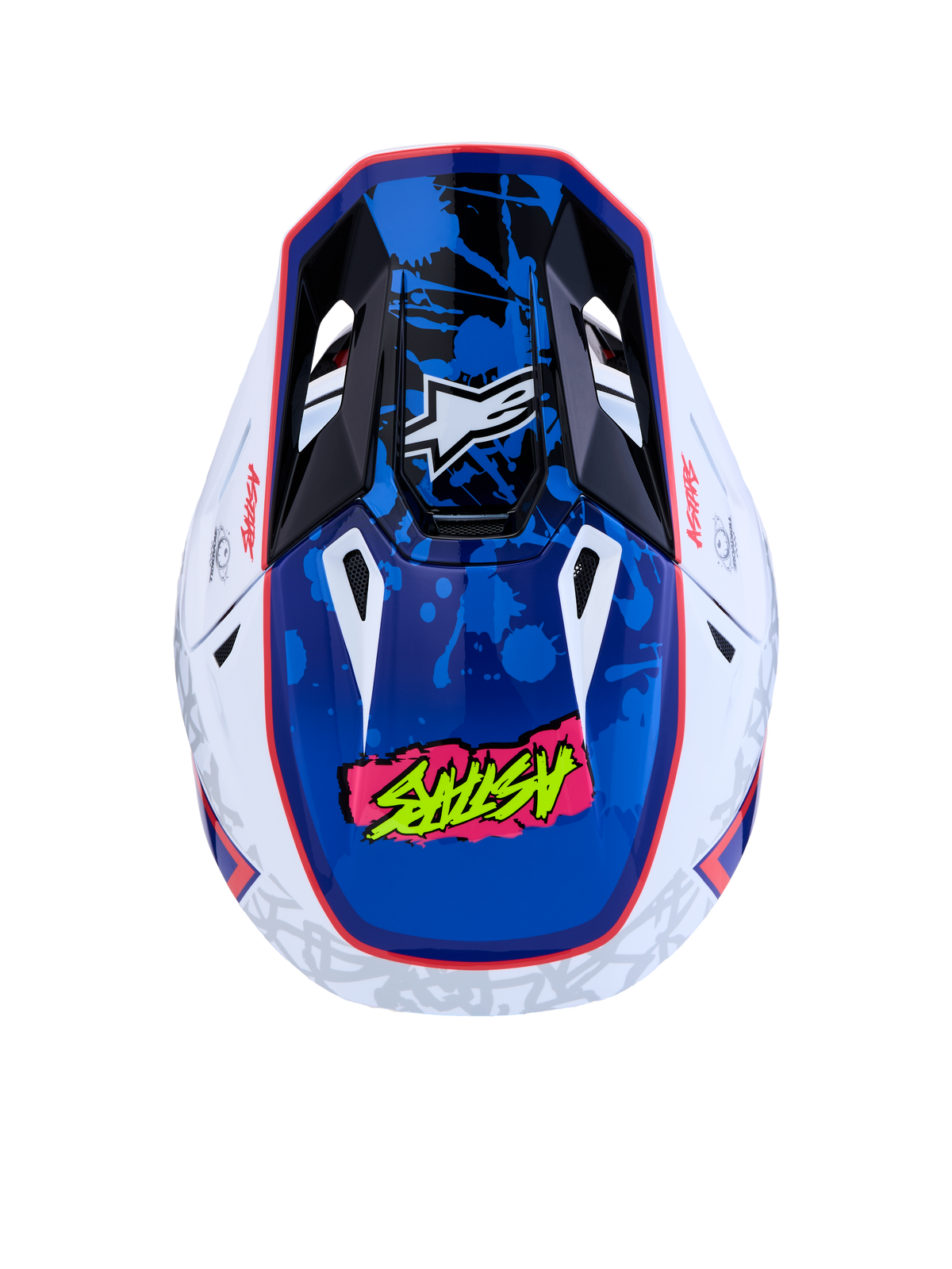 Alpinestars S-M7 Blaster Helmet, Motocross Helmet, White and Blue, ECE 22.06 certified, glossy paint splatter graphics.