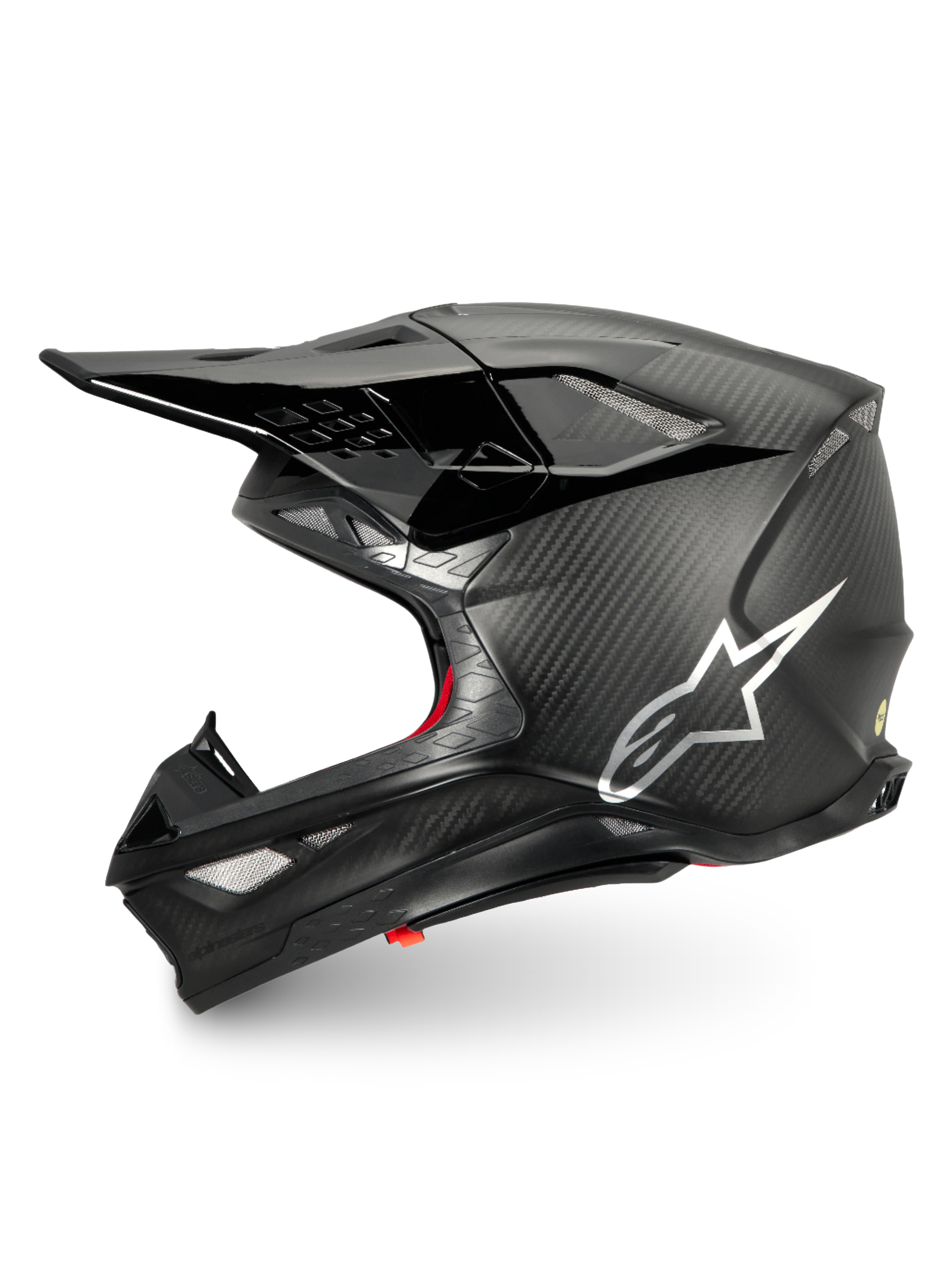 Alpinestars Supertech M10 Fame Motocross Helmet, Black Carbon Matte and Glossy finish with Silver Logo, ECE 22.06 Certified.