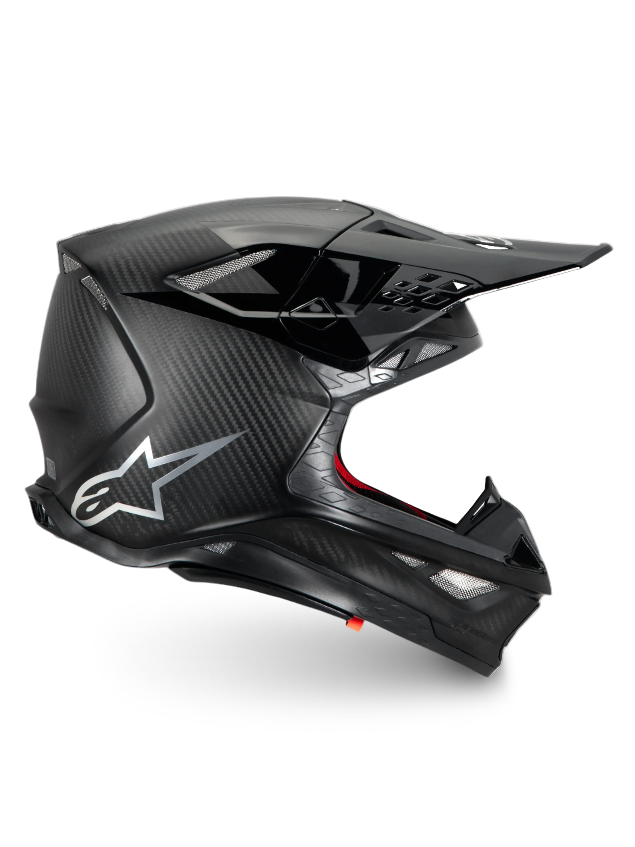Alpinestars Supertech M10 Fame Helmet, black matte carbon fiber motocross racing helmet with ECE 22.06 certification.