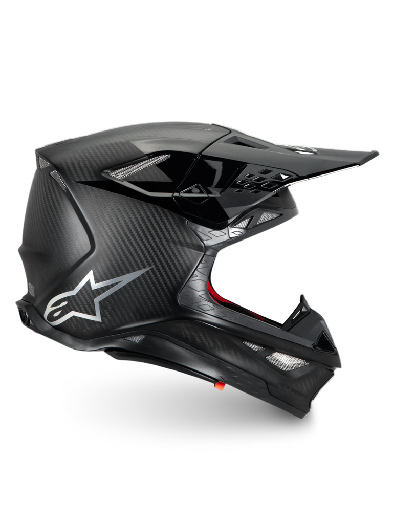Alpinestars Supertech M10 Fame Helmet, black matte carbon fiber motocross racing helmet with ECE 22.06 certification.