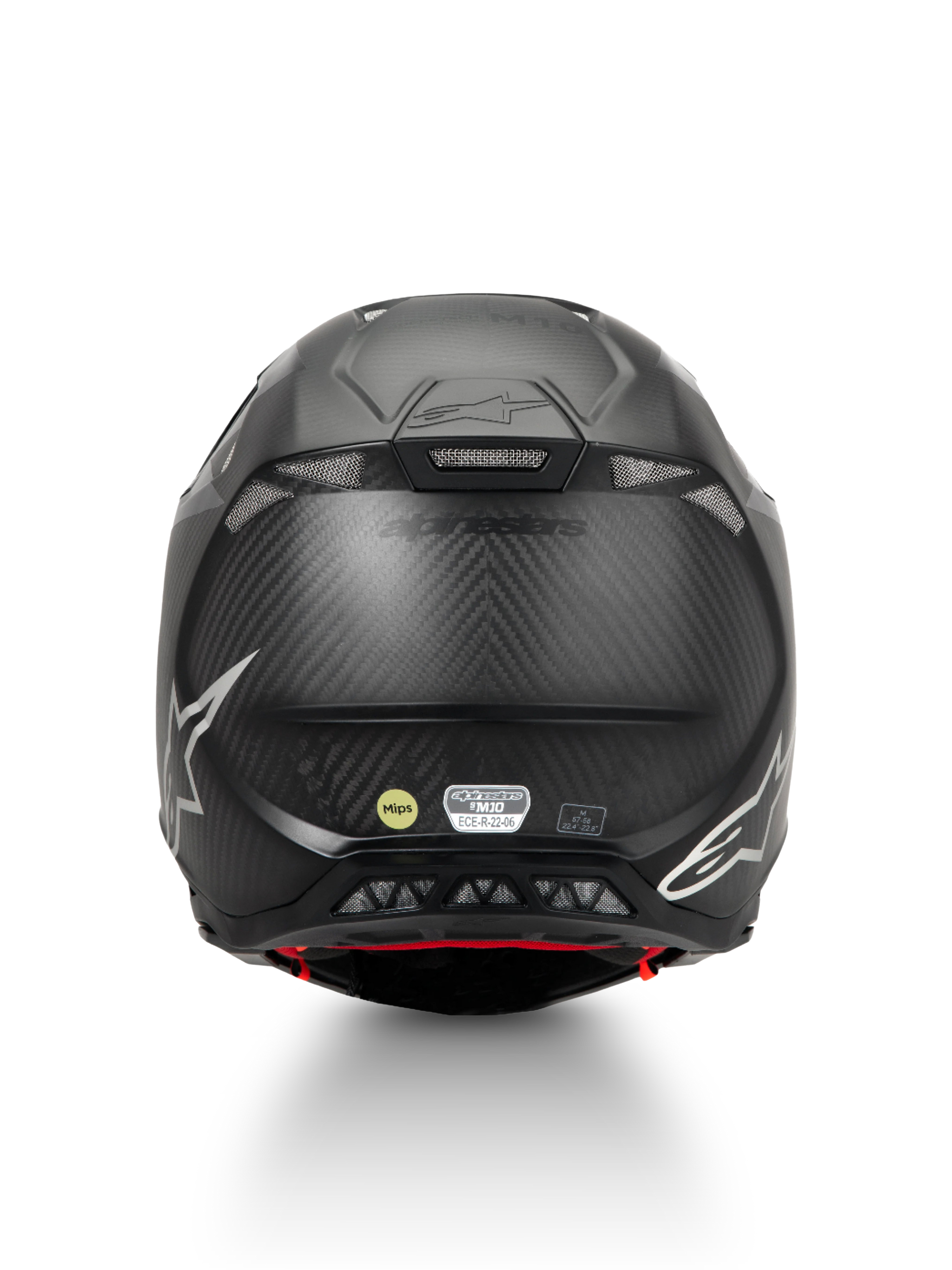 Alpinestars Supertech M10 Fame Helmet, Motocross, Matte Black Carbon Fiber, ECE 22.06, MIPS Protection, Rear View.