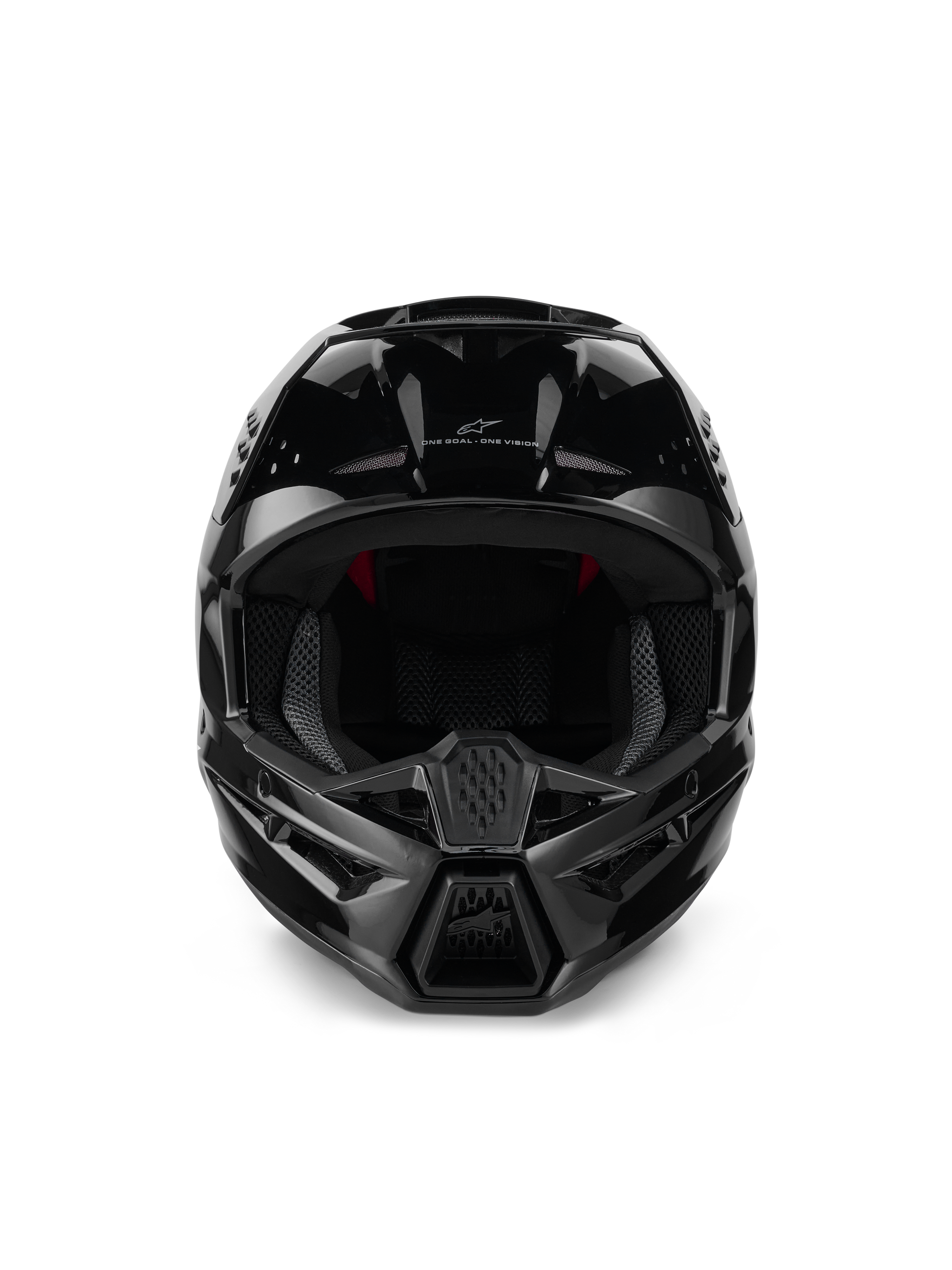 Alpinestars S-M3 Solid Helmet ECE 22.06, Motocross Helmet, Black Glossy, front view showing intake ventilation ports, sleek aerodynamic shell with glossy finish, featuring Alpinestars logo and 'One Goal. One Vision.' branding
