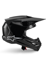 Alpinestars S-M3 Solid Helmet, Motocross Helmet, Black Glossy, side profile view featuring a white star logo, angular aerodynamic design with mesh vents and visor, protective off-road racing headgear