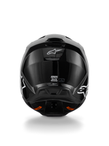 Alpinestars S-M3 Solid Helmet, Motocross Helmet, Glossy Black finish, rear view featuring white Alpinestars logo, ECE 22.06 certification label, and aerodynamic shell with exhaust ports