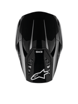 Alpinestars S-M3 Solid Helmet, Motocross Helmet, Black Glossy, top-down view showing white Alpinestars logo and SM3 branding on the visor, sleek aerodynamic design, professional off-road protection