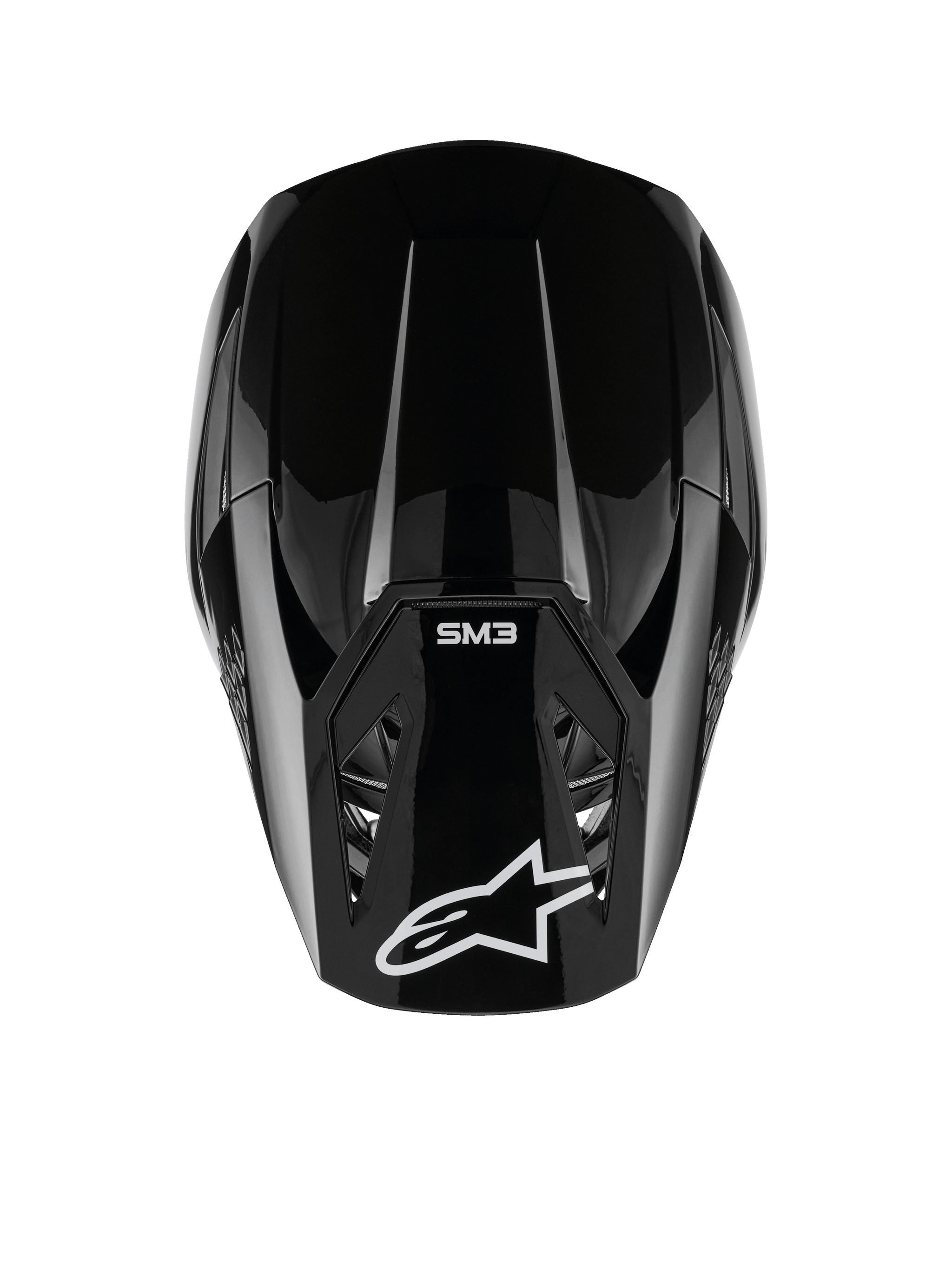 Alpinestars S-M3 Solid Helmet, Motocross Helmet, Black Glossy, top-down view showing white Alpinestars logo and SM3 branding on the visor, sleek aerodynamic design, professional off-road protection