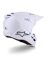 Alpinestars S-M3 Solid Helmet, Motocross Helmet, White Glossy, rear three-quarter view showing black Alpinestars logo, ventilation ports, and aerodynamic shell design for off-road racing.