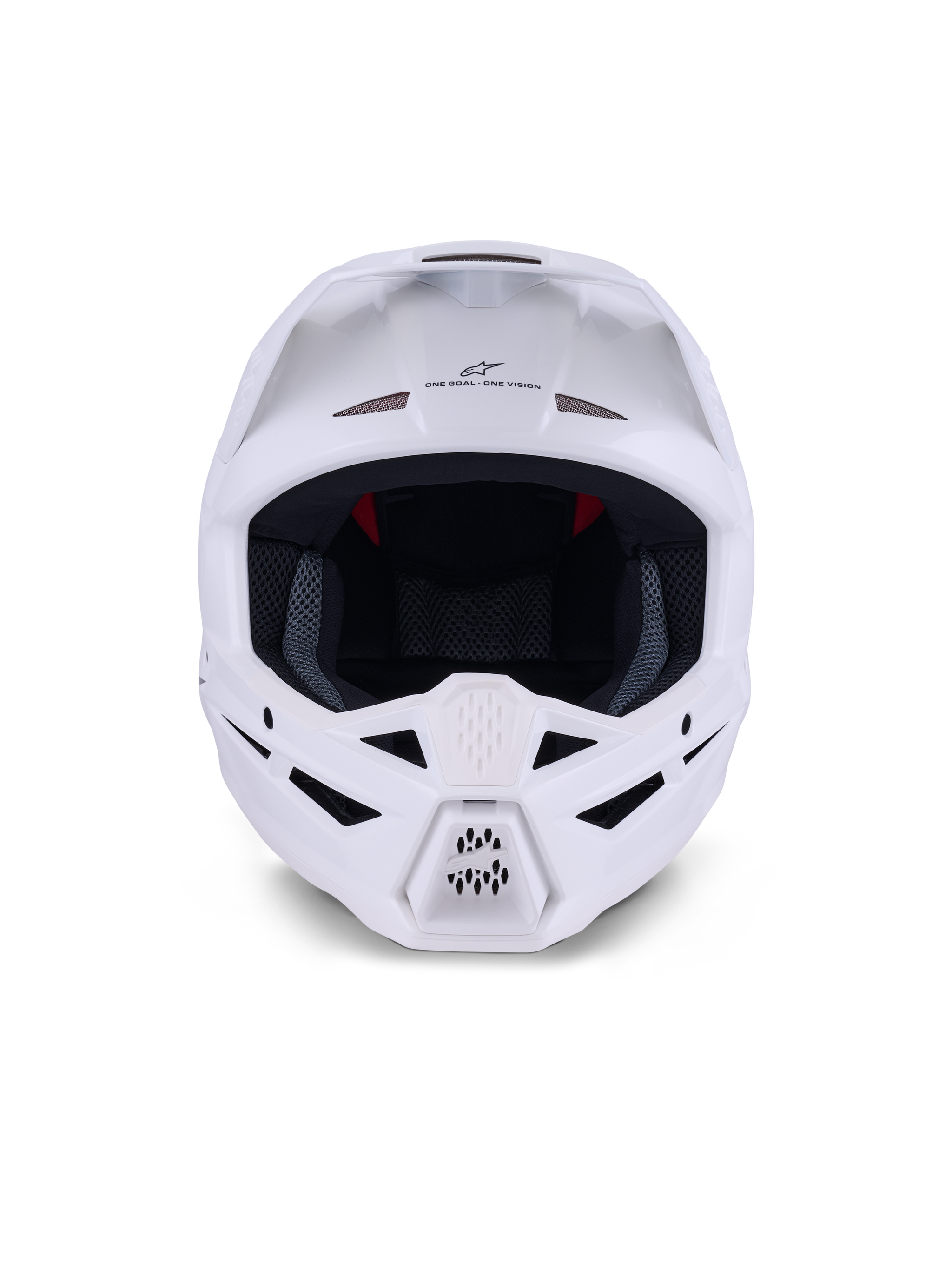 Alpinestars S-M3 Solid Helmet ECE 22.06, Motocross Helmet, White Glossy, front view featuring multiple ventilation intake ports on the chin and forehead, sleek aerodynamic shell with visor, 'ONE GOAL - ONE VISION' branding, and mesh interior liner for off-road racing protection.