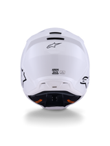 Alpinestars S-M3 Solid Helmet ECE 22.06, Motocross Helmet, White Glossy, Rear view displaying exhaust ventilation ports, Alpinestars logo, and safety certification label, designed for off-road performance