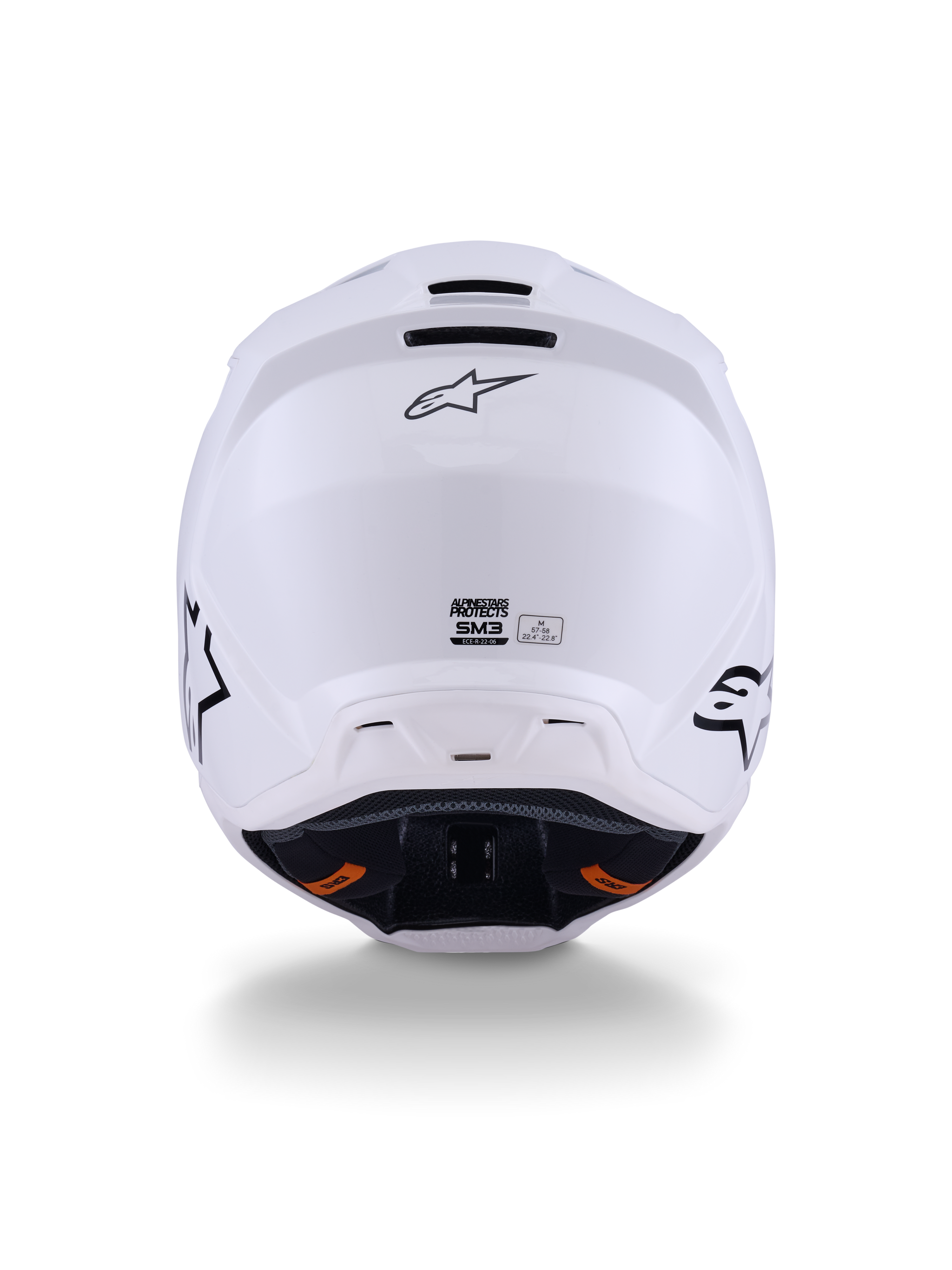 Alpinestars S-M3 Solid Helmet ECE 22.06, Motocross Helmet, White Glossy, Rear view displaying exhaust ventilation ports, Alpinestars logo, and safety certification label, designed for off-road performance