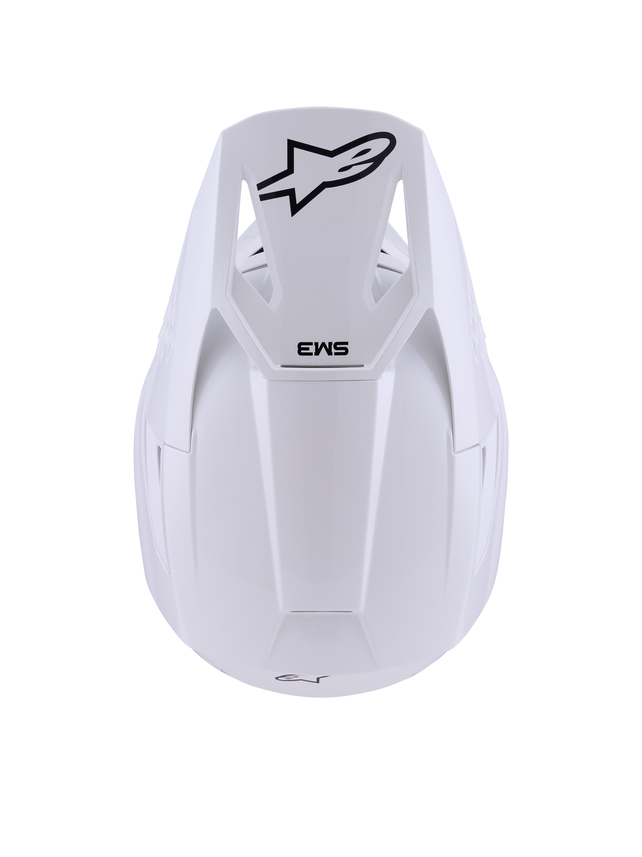 Alpinestars S-M3 Solid Helmet, White Glossy, Motocross Helmet, top-down view featuring black Alpinestars star logo and SM3 branding on the visor, sleek thermo-injected shell with a glossy finish, ECE 22.06 certified off-road protection