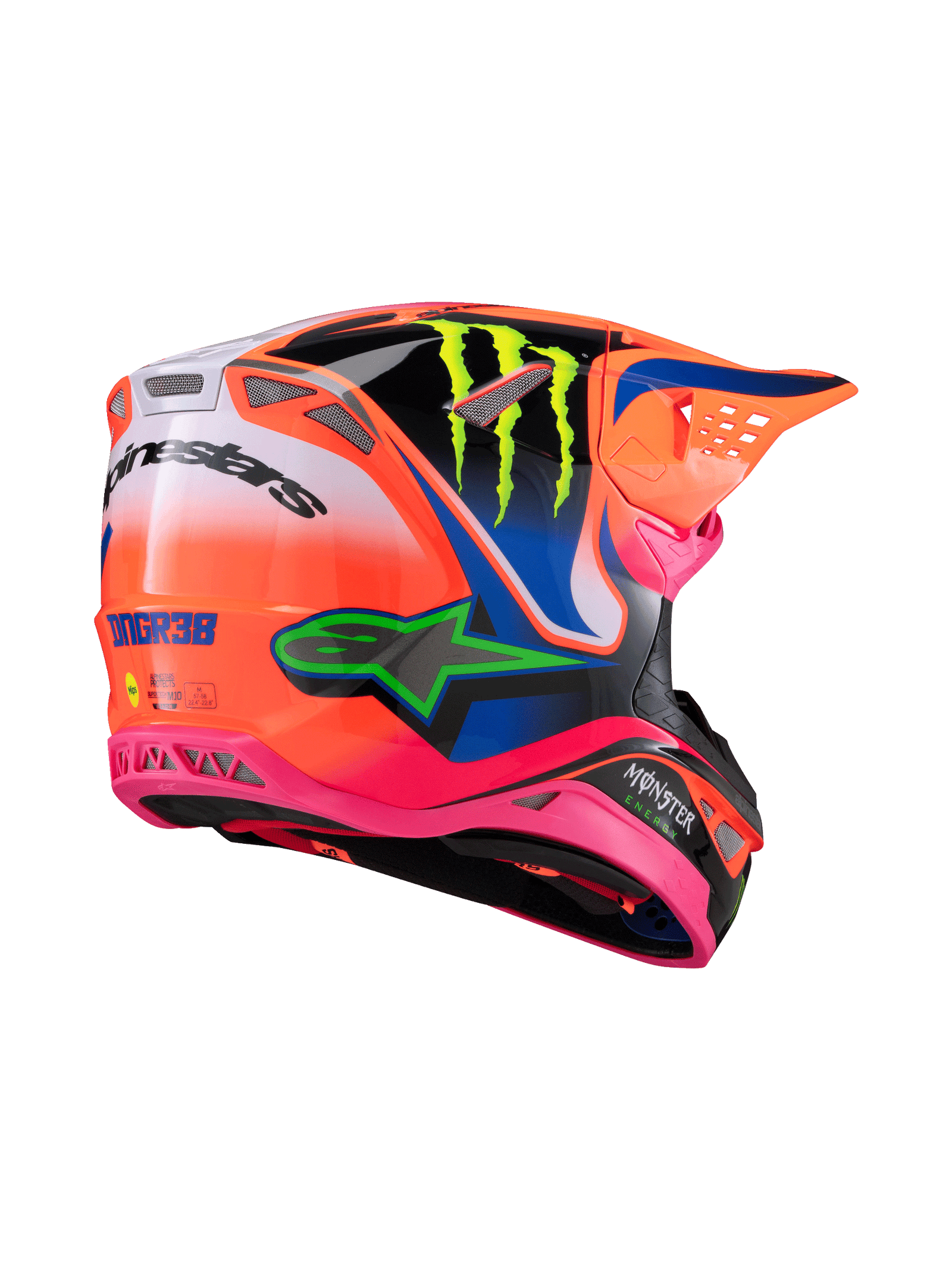 Alpinestars Supertech M10 Deegan Monster ECE 22.06 Helmet, Motocross Helmet, Orange Fluo, Purple, and Pink Gloss, rear three-quarter view highlighting aerodynamic design with multiple mesh ventilation ports, featuring lime green Monster Energy logo and Alpinestars branding.