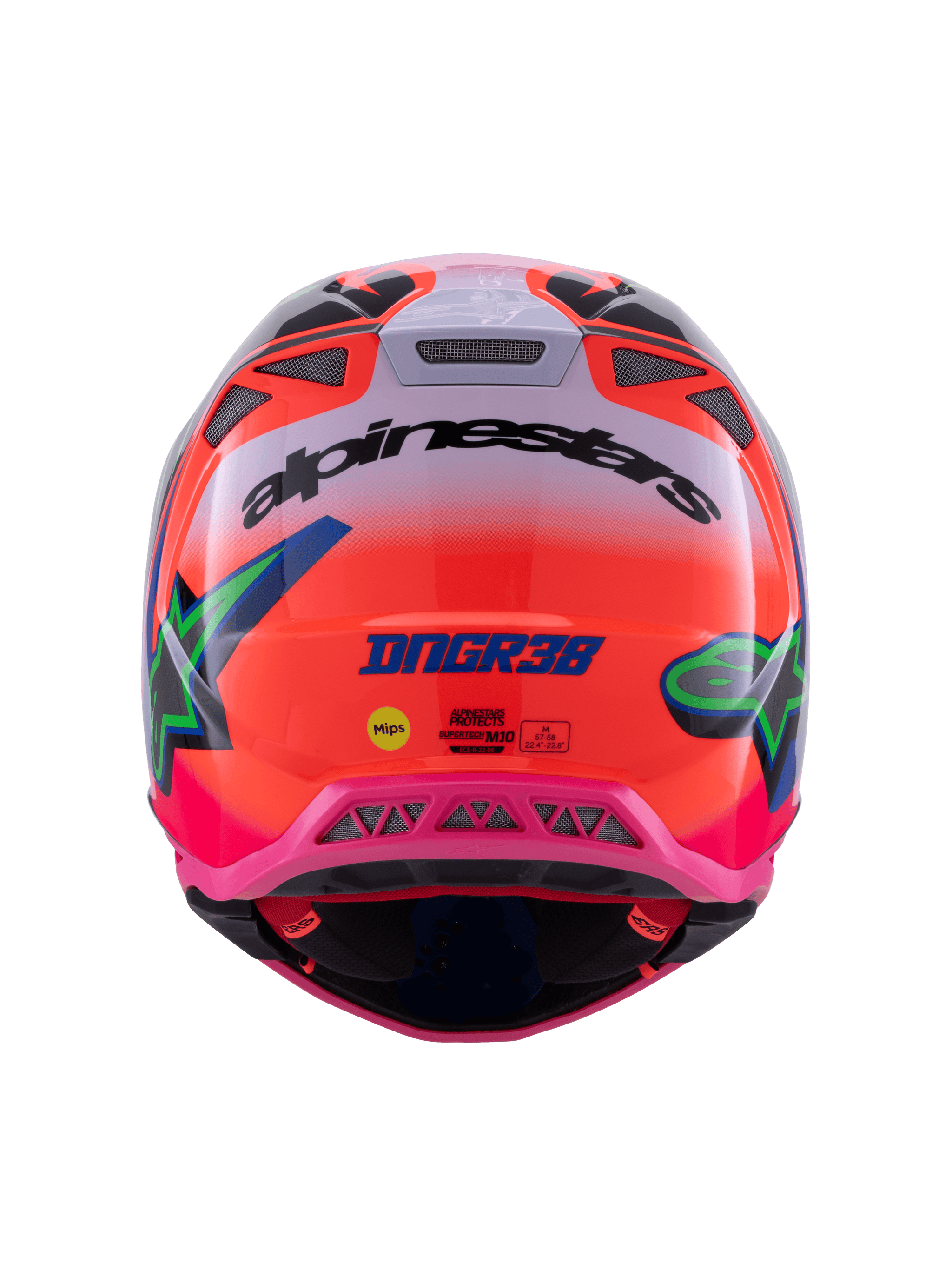 Alpinestars Supertech M10 Deegan Monster ECE 22.06 Helmet, Rear View, Orange Fluo and Pink Gloss gradient, featuring black Alpinestars branding, DNGR38 logo, yellow MIPS sticker, and integrated mesh ventilation ports, professional motocross head protection