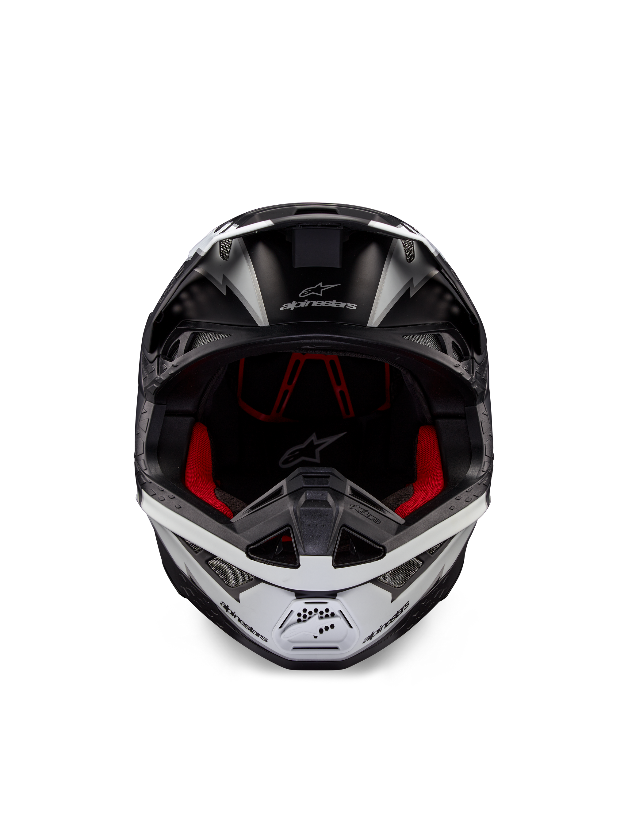 Alpinestars Supertech M10 Ampress Helmet, Motocross Helmet, Black and White Matte, front view with red interior lining, aerodynamic shell featuring ventilation ports and Alpinestars logo