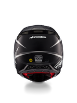 Alpinestars Supertech M10 Ampress Helmet, Motocross Helmet, Black and White Matte, Rear view showing Alpinestars logo and certification stickers, aerodynamic design with integrated exhaust vents
