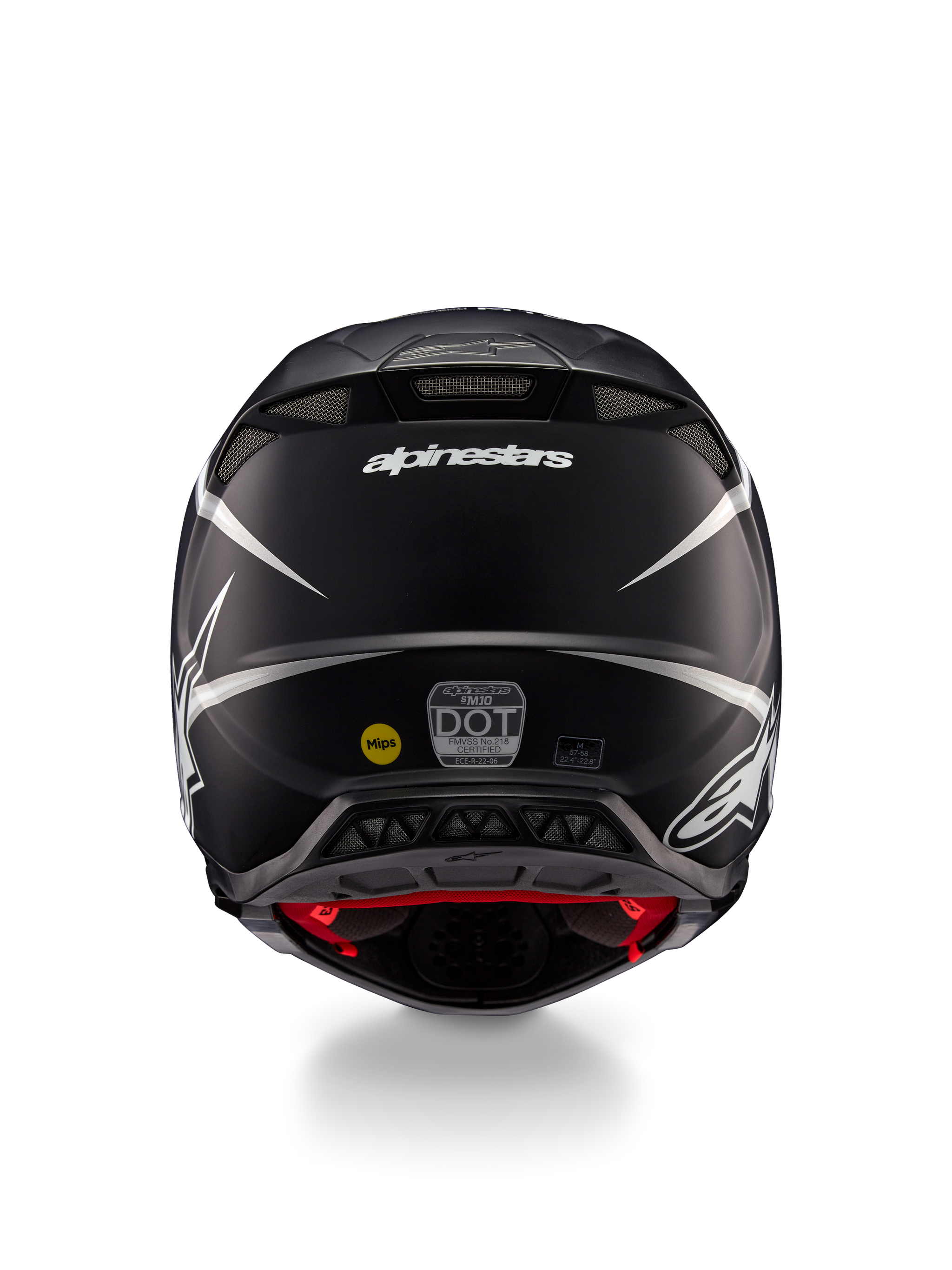 Alpinestars Supertech M10 Ampress Helmet, Motocross Helmet, Black and White Matte, Rear view showing Alpinestars logo and certification stickers, aerodynamic design with integrated exhaust vents