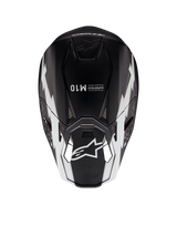 Alpinestars Supertech M10 Ampress Helmet, Motocross Helmet, Black and White Matte, top-down view showing white geometric graphics, A-star logo on the visor and Supertech M10 branding on the crown, aerodynamic design for off-road performance