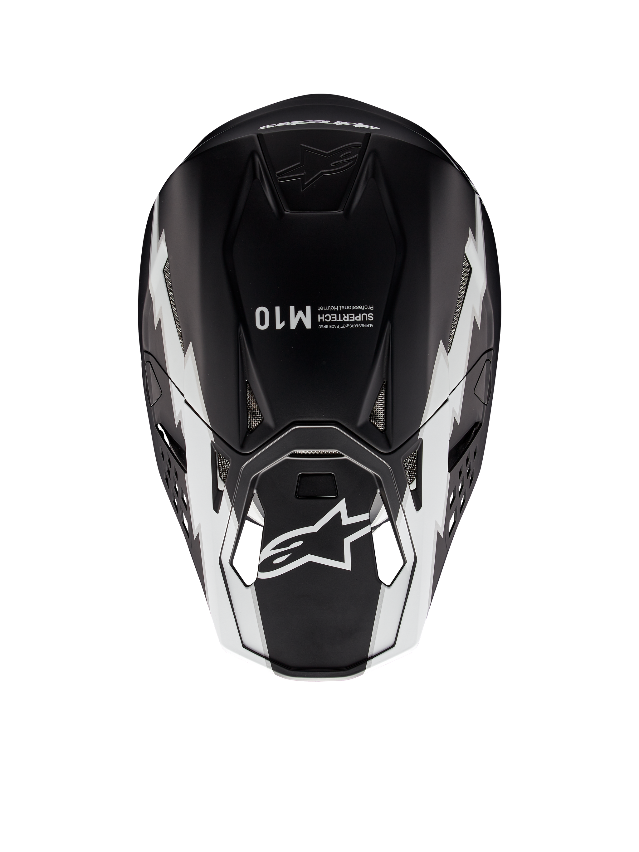 Alpinestars Supertech M10 Ampress Helmet, Motocross Helmet, Black and White Matte, top-down view showing white geometric graphics, A-star logo on the visor and Supertech M10 branding on the crown, aerodynamic design for off-road performance