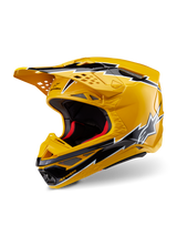 Alpinestars Supertech M10 Ampress Helmet, Motocross Helmet, Yellow and Black Glossy, featuring lightning-bolt graphics, ventilated peak, and aerodynamic design, high-performance off-road protection.