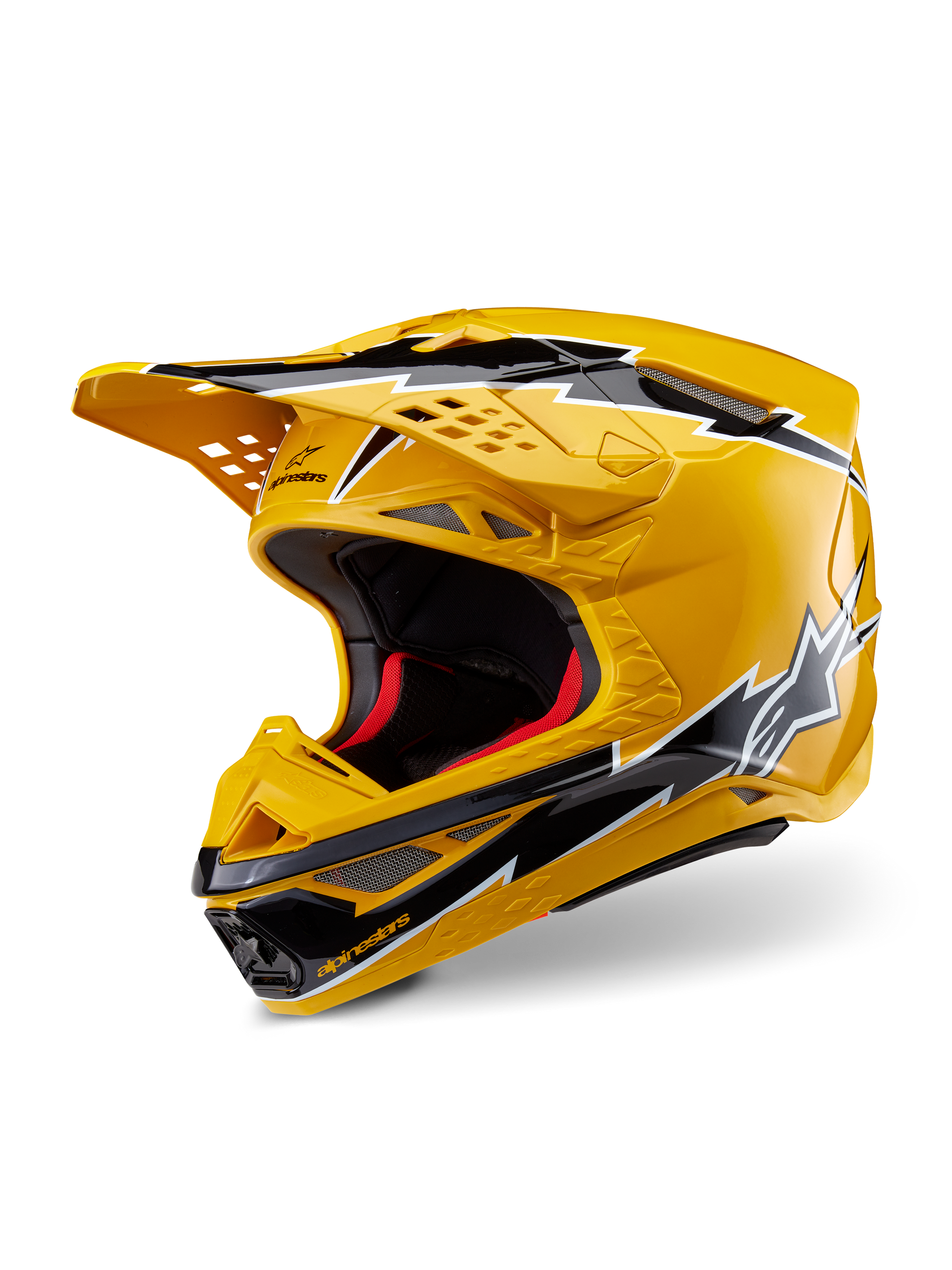 Alpinestars Supertech M10 Ampress Helmet, Motocross Helmet, Yellow and Black Glossy, featuring lightning-bolt graphics, ventilated peak, and aerodynamic design, high-performance off-road protection.