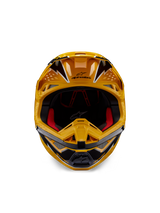 Alpinestars Supertech M10 Ampress Helmet, Motocross Helmet, Yellow and Black Glossy, Frontal view showing bold angular graphics, Alpinestars logo on peak, red interior padding, aerodynamic shell for professional motocross racing