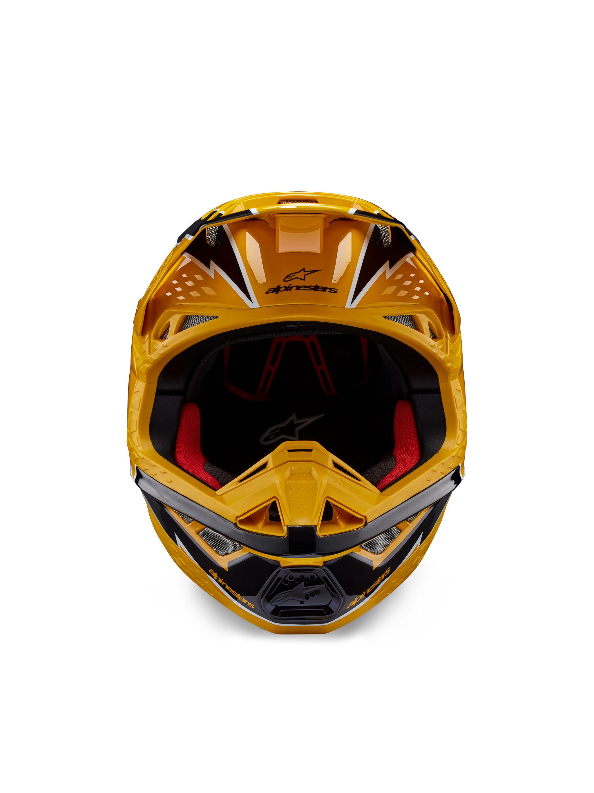 Alpinestars Supertech M10 Ampress Helmet, Motocross Helmet, Yellow and Black Glossy, Frontal view showing bold angular graphics, Alpinestars logo on peak, red interior padding, aerodynamic shell for professional motocross racing