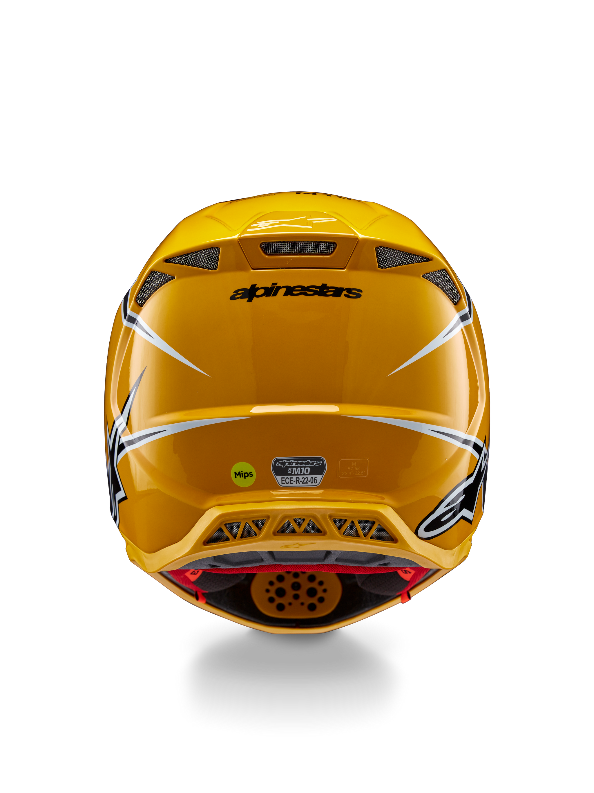 Alpinestars Supertech M10 Ampress Helmet, Rear view, Glossy Yellow with black and white accents, featuring rear exhaust vents, MIPS and ECE 22.06 stickers, professional motocross head protection