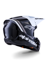 Alpinestars S-M3 Radium Helmet, Motocross Helmet, Black White and Gray Glossy, rear-side view with white visor, featuring bold Alpinestars logo on the side and back, sleek aerodynamic shell with ventilation mesh, designed for off-road motocross and enduro