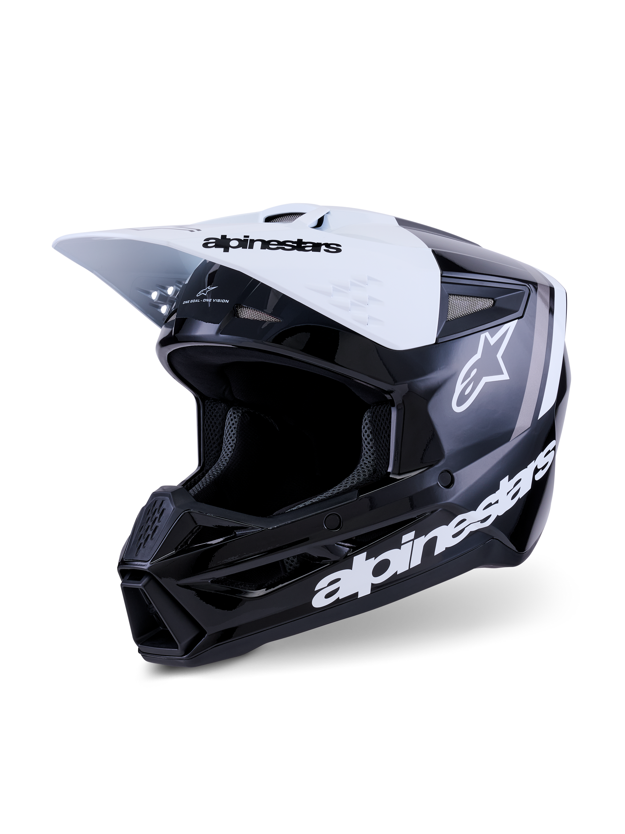 Alpinestars S-M3 Radium Helmet, Motocross Helmet, Black White and Gray Glossy, featuring a white visor with black branding, glossy black shell with prominent white Alpinestars logos and gray graphic accents, aerodynamic design for off-road racing
