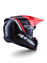 Alpinestars S-M3 Radium Helmet, Motocross Helmet, Black Red Fluo and White Glossy, rear three-quarter view showing sleek aerodynamic design, white branding and bright red visor, high-performance off-road protective headwear